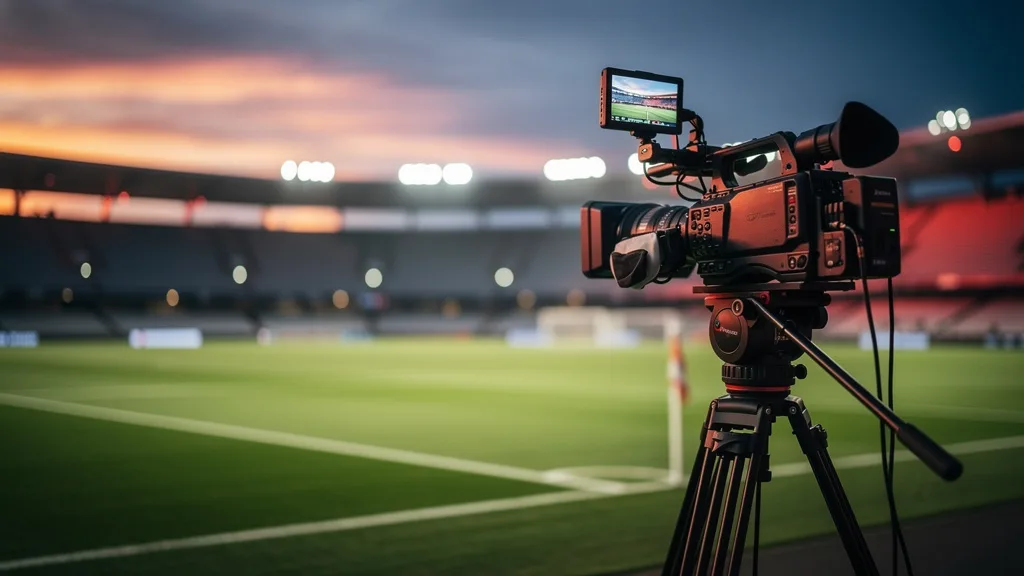 Televisiecamera in een voetbalstadion voor een Europese wedstrijd