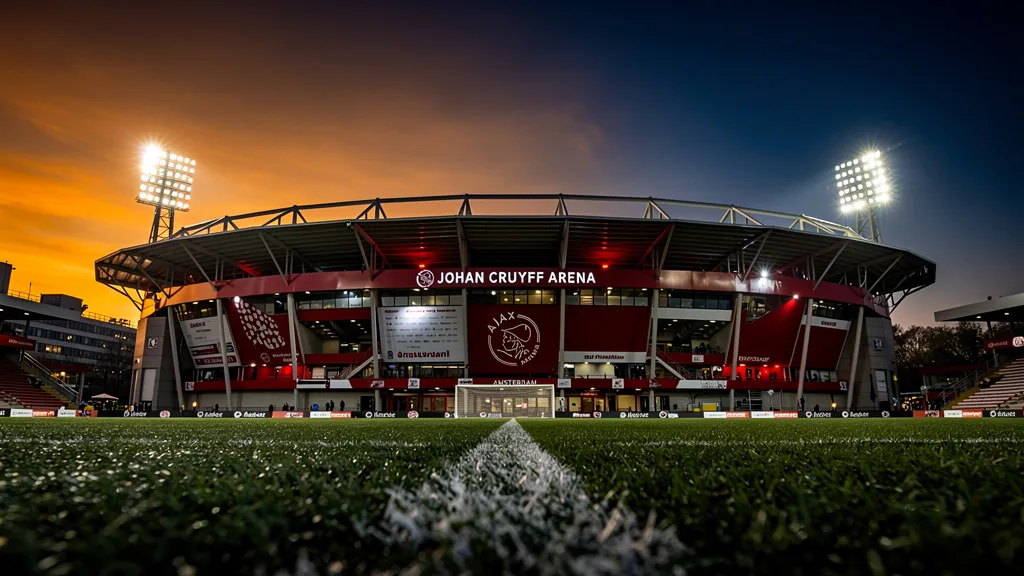 De Johan Cruyff Arena in Amsterdam bij zonsondergang
