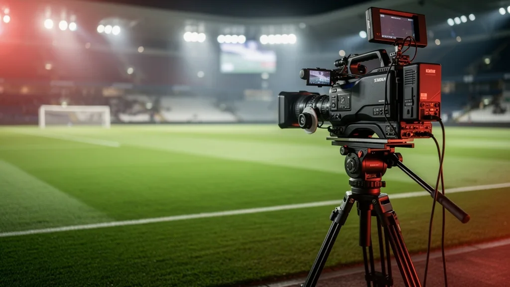 Televisiecamera in een voetbalstadion voor de uitzending van een Europese wedstrijd